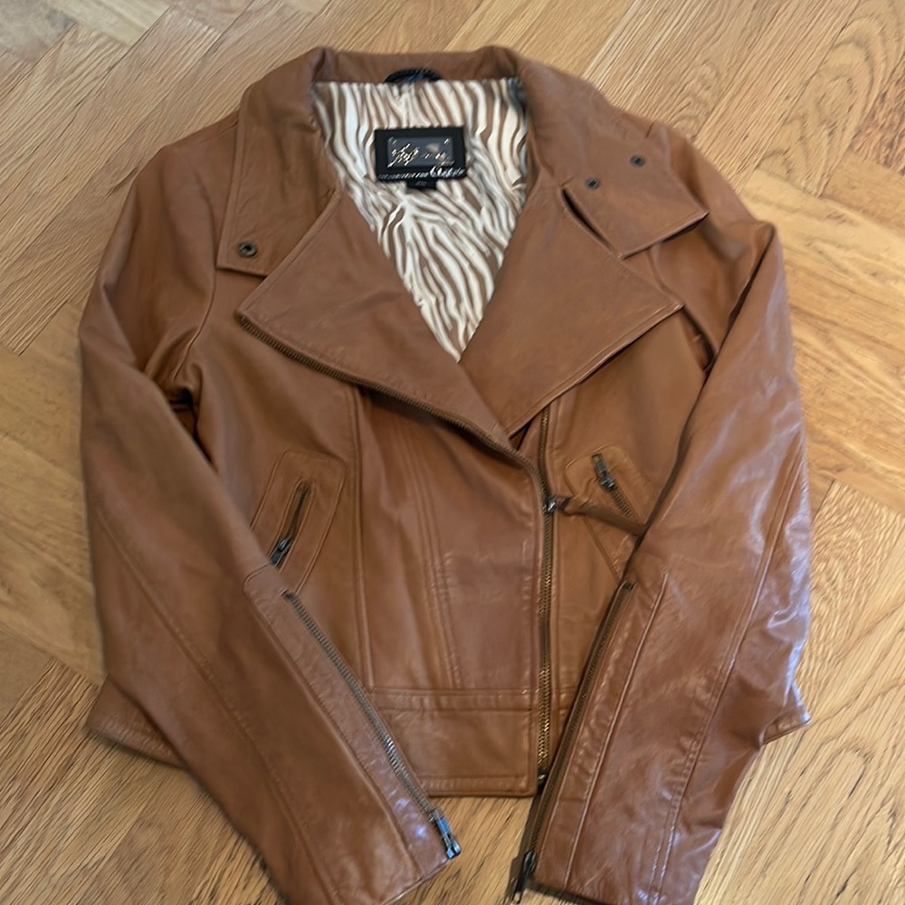 Mackage for Aritzia leather jacket in rust brown with zipper detail